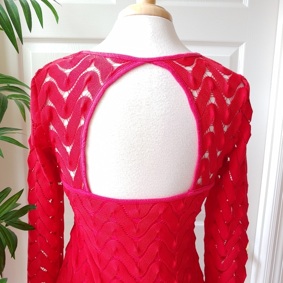 Free People Long Sleeve Scoop Cutout Back Lace Crochet Fitted Dress Pink M - Picture 6 of 8